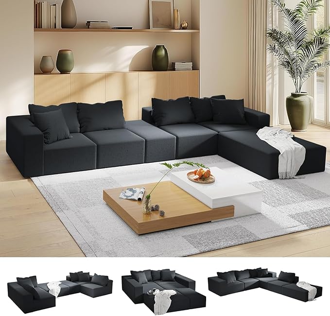 132'' Oversized Cloud Couch Sectional Modular Sectional Sofa with 6 Pillows Comfy Chenille L Shape Couch with 6 Deep Seat Convertible Sleeper Boneless Couches for Living Room No Assembly Black