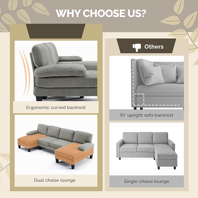 VINGLI 110' U-Shaped Sectional Couch with Two Chaise Affordable Small Sofa with 4 Seats Chenille Fabric Comfy Couches for Living Room Blue