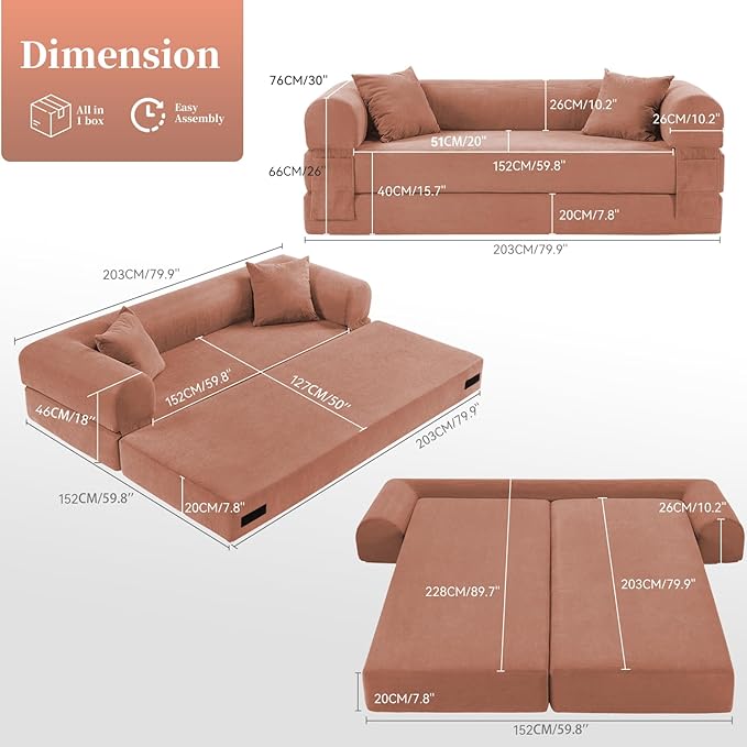 KBQ 3-Seat Convertible Sleeper Sofa Bed with 2 Pillows Corduroy Folding Mattress Couch Floor Sofa Lounge Couch for Living Room Bedroom Lounge Studio Pink
