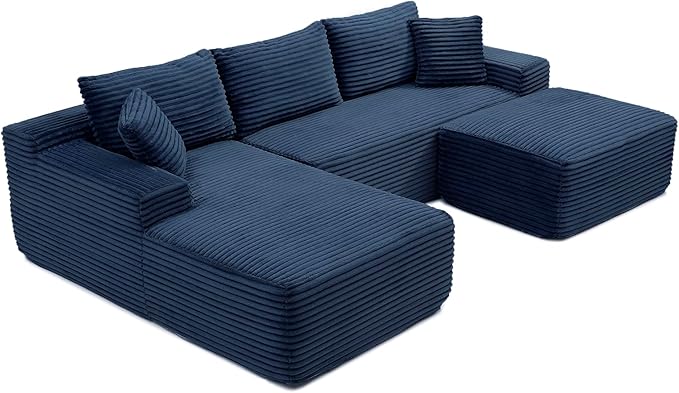 KEIKI 3 Seater Corduroy Boneless Modular Sectional Couch Sofa with Oversized Chaise Lounge Ottoman &amp Back Cushions Deep Seat Modern L-Shape Cloud Compressed Sofa Couches for Living Room Bedroom