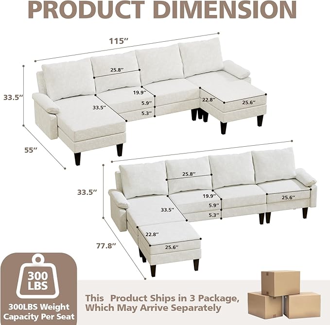 115 Modular Sectional Sofa U Shaped Sectional Comfy Couch for Living Room Convertible Modular Sofa Couch with Ottomans and Chaise High Supportive &amp Soft Sponge 6 Seats Beige