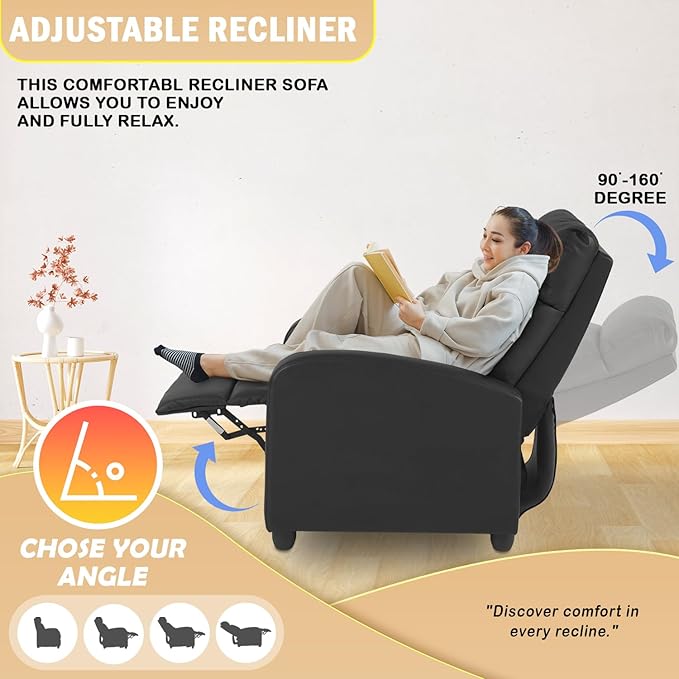 PayLessHere Recliner Chair Single Reclining Sofa Home Theater Seating with Lumbar Support and Padded Backrest for Living Room and Bedroom (Leather Black)