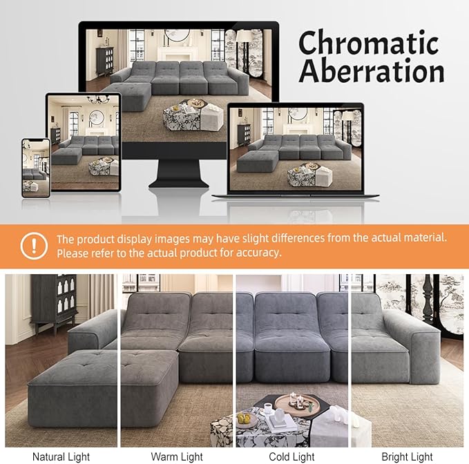 143.7 Modern Modular Sofa Set Sectional Couches for Living Room Boneless L Shaped Sofa with Movable Ottoman Oversized Couches Sparkling Chenille Fabric (Grey 5 Seat)