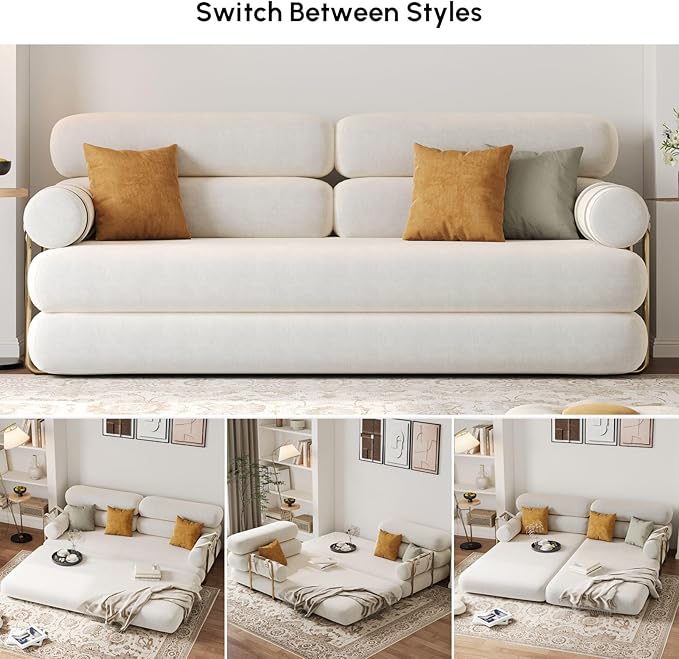 homary Velvet Futon Sofa Bed 81 Convertible Sleeper Couch with Detachable Bolster Pillows Stainless Steel Legs Modern 3-Seater Sofa for Living Room Apartment &amp Small Spaces (White)