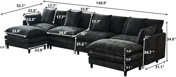 Eafurn 141 Oversized Modular Sectional Sofa with Movable Ottoman 6 Seater Modern Chenille Reversible Sofa Set Large Convertible U Shaped Couch for Living Room Apartment