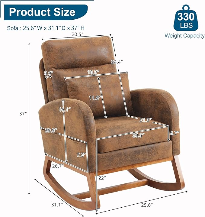 VINGLI Rustic Microfiber Nursing Rocking Chair with Thick Headrest Upholstered Mid-century Modern Nursery Rocker Glider with Curved Armrest Sturdy Solid Wood Base for Living Room Bedroom Baby Room