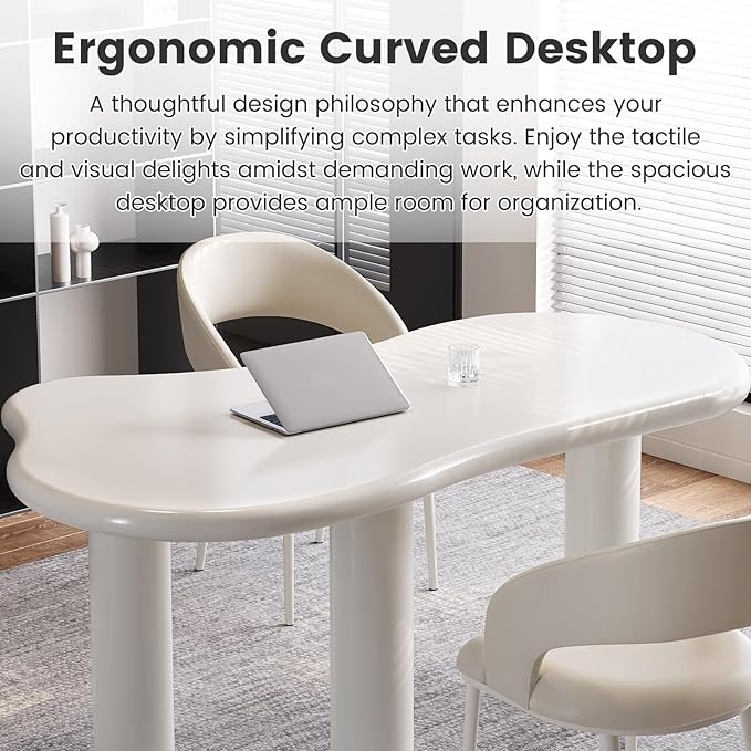 Modern 62.2 Cloud-Shaped Cream White Office Desk with Sculptural Pillar Legs Rounded Corners Minimalist Computer Table Easy to Assemble Ideal for Home Office (Desk Only)