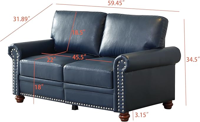 Loveseat Velvet Fabric Two- Seater Couch Buckle Design and Rivet Decoration Deep Seated Double Sofa Suitable for Living Room Bedroom Apartment Hotel etc (Blue)