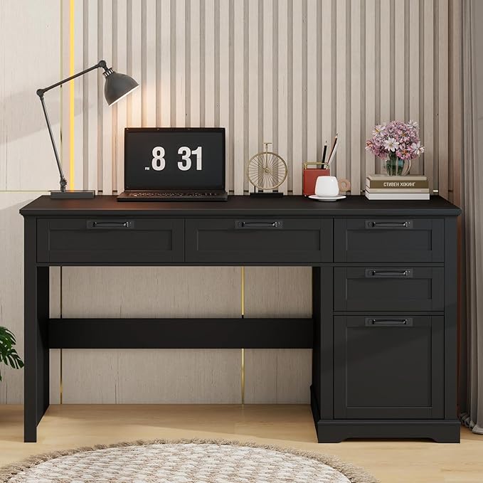 Vabches 55 Farmhouse Home Office Desk with File Drawer Executive Computer Desk with 4 Storage Drawers Rustic Computer Desk for Working Studying Writing Black