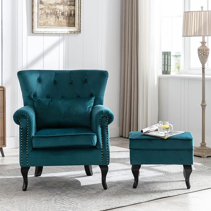 Mid Century Modern Accent Chair Upholstered Armchair Comfy Velvet Tufted Wingback Single Sofa with Ottoman for Bedroom Living Room Teal