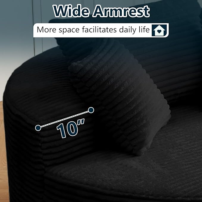 55''L Oversized Round Chaise Longue Chair Indoor Corduroy Sponge Single Sofa Oversized Round Chairs Modern Sleeper Chair for Living RoomProjection Room Wide Armrest Chairs Black