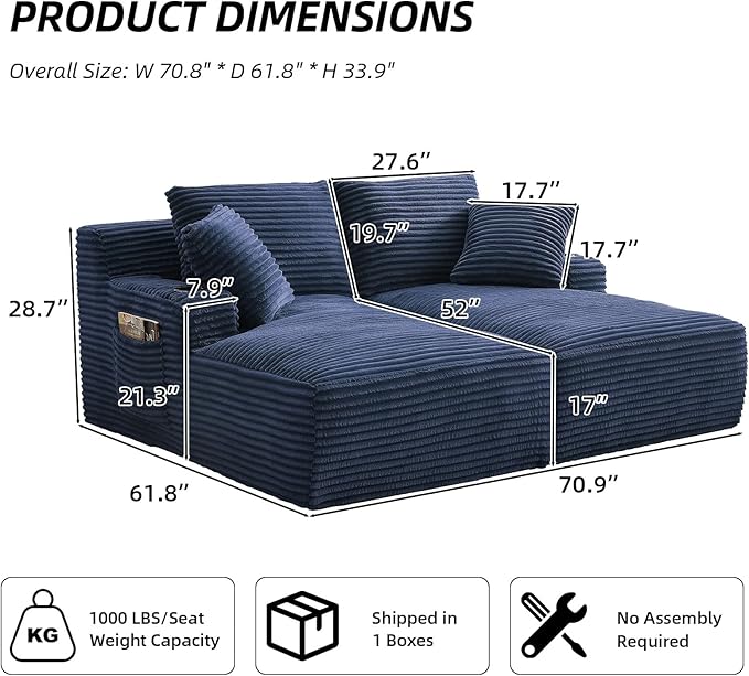 Oversized Double Chaise Lounge Chair Indoor Fluffy Upholstered Corduroy Sofa Bed with Throw Pillows Comfy Sleeper Deep Seat Sectional Loveseat Sofa Couch for Living Room (Blue)