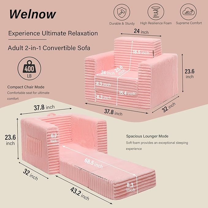 Welnow Folding Sofa Bed with Ottoman Convertible 2-in-1 Boneless Couch Futon Lounge Chair Bed for Adults Comfy Fold Out Sleeper Sofa for Small Spaces Living Room Bedroom or Dorm Pink