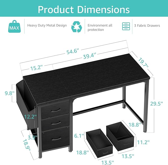 Lufeiya Computer Desk with Fabric File Drawers Cabinet 55 Inch Reversible Home Office Desks with Filing Cabinet Study Writing Table PC Desks with Storage for Bedroom Black