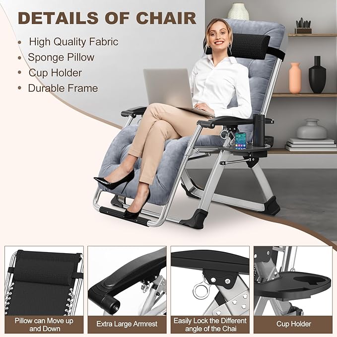 DoCred Comfy Chair Folding Chair Recliner Chair for Bedroom and Living Room Folding Reclining Patio Chairs Lounge Chair with Removable Cushion for Indoor Outdoor