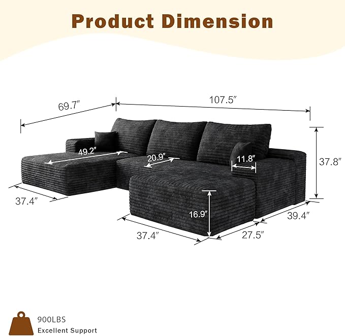 Oversized Corduroy Sectional Boneless Couch 108 W U Shaped Modular Sectional Sofa with Chaise/Ottoman No Assembly Required Compress Couches for Living Room (Black 3 seater+Ottoman+Left Chaise)