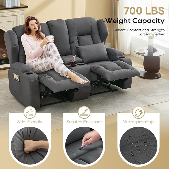 IPKIG 65 Loveseat Recliner Sofa - 2 Seater Reclining Sofa with Storge Console Side Pockets Cup Holders and Lumbar Pillows Manual Recliner Chair (Grey 65 Loveseat)