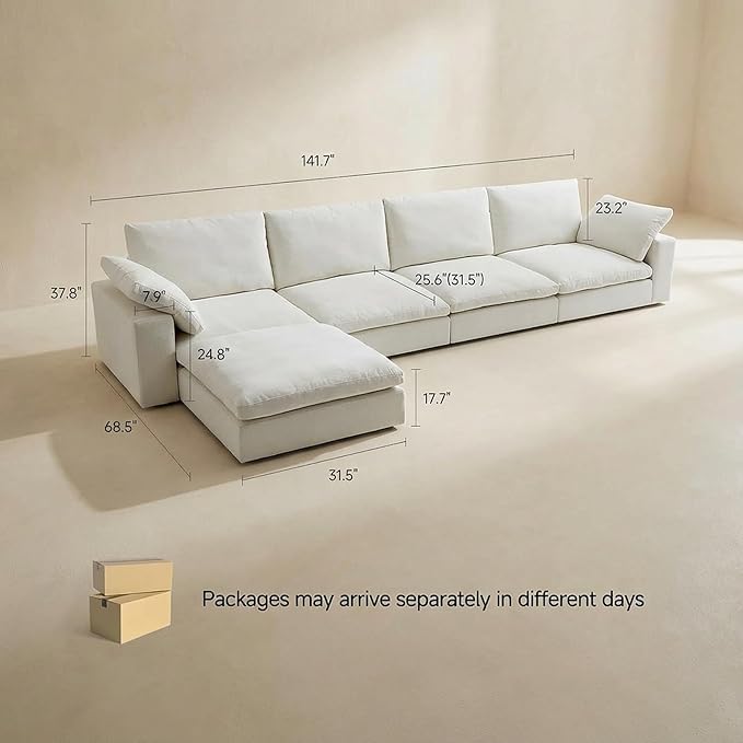 Cloud Modular Sectional Sofa Oversized Cloud Couch with Deep Seat Modern Comfy Couches with Washable Cover Easy Assembly Sectional Couches for Living Room- 4 Seater with Ottoman