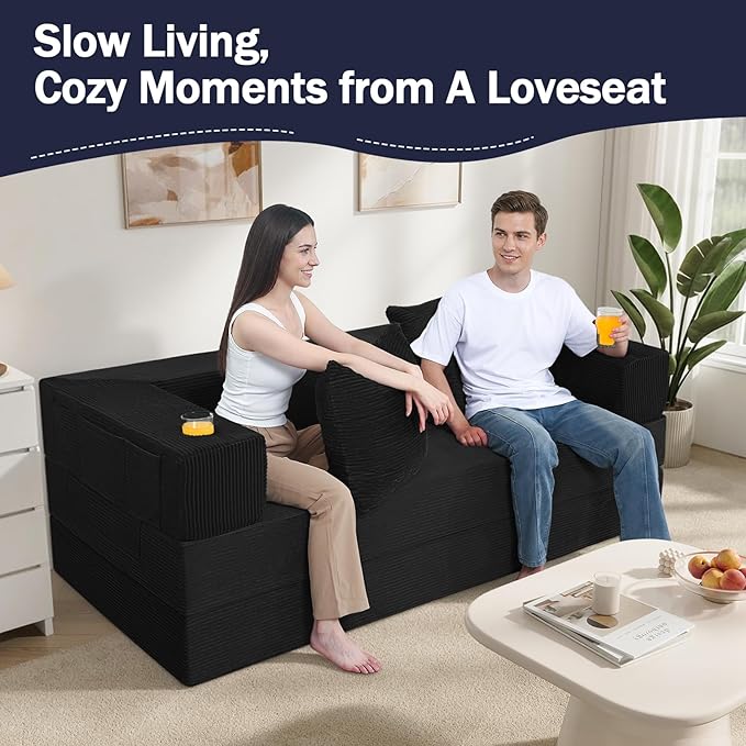 COMAX Boneless Couch Futon Sofa Bed Couches Versatile Queen for Living Room 79 4 in 1 Convertible Sleeper Corduroy Couch Foam in a Box Foldable Fold Out Floor Mattress No Assembly Required Black