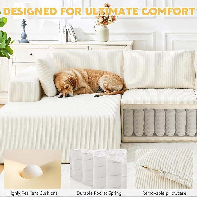 108” Boneless Couches for Living Room Cloud Modular Sectional Couch Modular Sectional Sofa with Deep Seat Modren Comfy Corduroy Fluffy Couch with L-Shaped Chaise No Assembly Required Light Beige