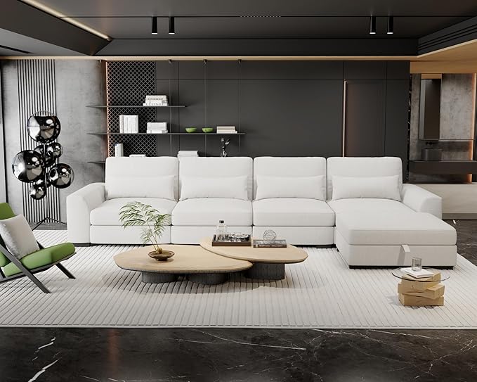 130Sectional Couches for Living Room - Large Modular 5 Seat Sectional Couch-Velvet Linen with Storage Deep Seat Sofa-Convertible Sofa for Large Living Rooms-with ChaiseWashable Covers-Beige