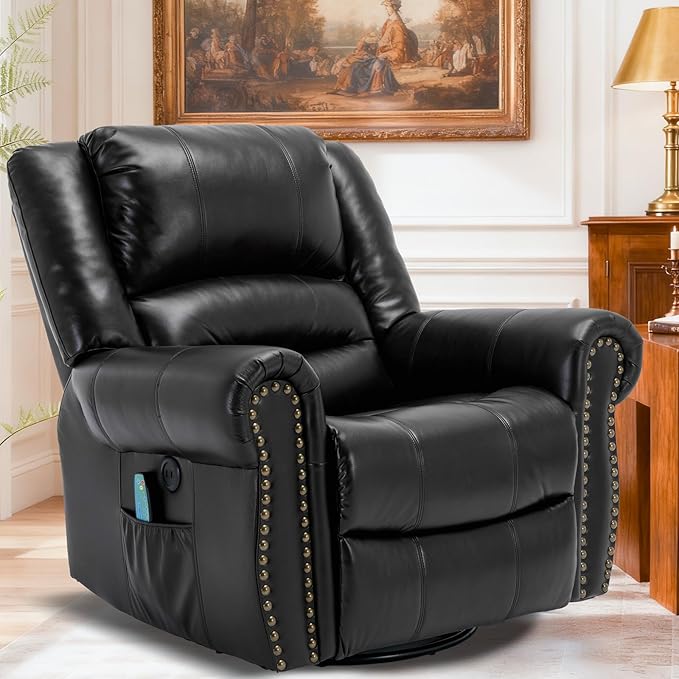 Manual Massage Swivel Rocker Recliner with Heat and Vibration 360° Swivel Glider Rocking Recliner Chair Classic Living Room Lounge Recliners with Side Pockets &amp USB Ports Black
