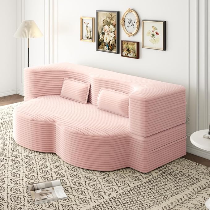 Convertible Sofa Bed Full Size｜78 Sleeper Couch with 2 Pillows｜Corduroy Fabric Folding Sofa Bed｜High-Density Foam｜No Assembly｜Space-Saving｜for Living Room Guest Room｜Baby Pink