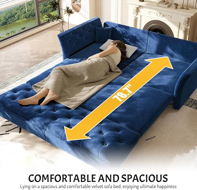 74.4 Queen Size Sleeper Sofa Bed 3-in-1 Convertible Pull Out Chesterfield Sleeper Couch Oversized Velvet Flower Button Tufted Loveseat Sofa for Living Room Small Spaces Blue