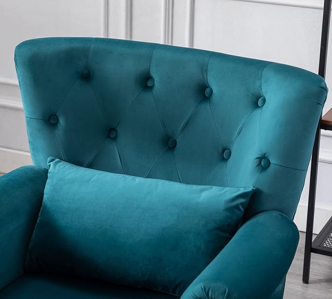 Mid Century Modern Accent Chair Upholstered Armchair Comfy Velvet Fabric Single Sofa with Tufted Wingback for Small Spaces Bedroom Living Room Teal