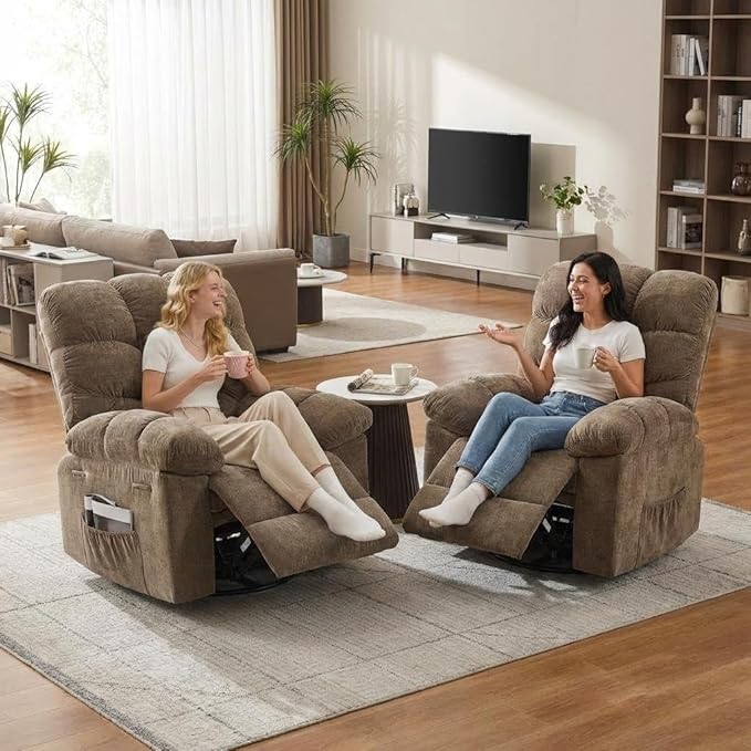 GarveeHome Rocker Recliner Chair with Vibration Massage and Heat 360° Swivel Recliner Sofa with Side Pocket Single Reclining Chair for Living Room and Bedroom Brown