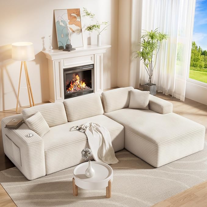 108” Cloud Sectional Couch Modern Modular Sectional Sofa with Deep Seat Corduroy Boneless Couches with Chaise L-Shaped Sofa for Living Room 4 Storage Pockets (Right Facing Chaise Beige)