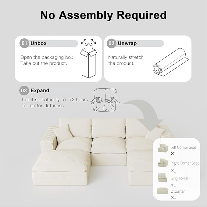 108'' Modular Sectional Sofa with Ottoman Corduroy Cloud Sectional Couches for Living Room High-Back Modern L Shaped Boneless Couch Deep Seat 3 Seater Sofa No Assembly Required Beige