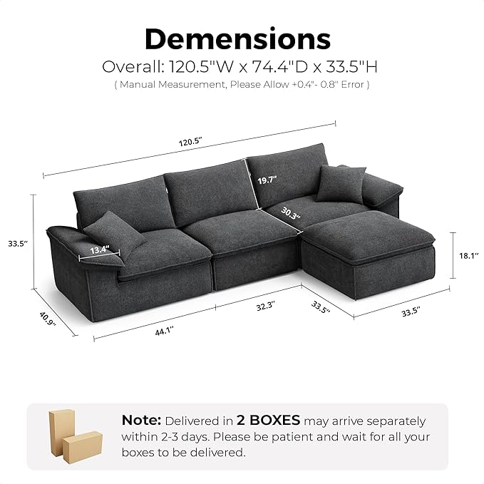 LIKIMIO 120 L-Shaped Modular Sectional Sofa Cloud Sectional Couch with Deep Seat Comfy Teddy Upholstery Oversized 3-Seater with Ottoman Boneless Couch for Living Room No Assembly Dark Grey