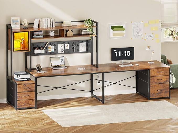 SEDETA L Shaped Gaming Desk with 6 Drawers Reversible Computer Office Desk with File Drawer Hutch Storage Shelves Gaming Corner Desk with Led Lights Power Outlet for Two Person Rustic Brown