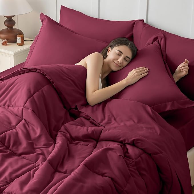 JOLLYVOGUE California King Comforter Set Ultra-Soft Bed in a Bag Cal King Size 7 Pieces Oeko-TEX Certified Bedding Set with Down Alternative Comforter Sheets Pillowcases &amp Shams Burgundy