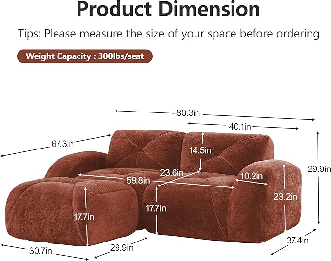 80 Sectional Modular Cloud Couch Boneless Couches with Deep Seat Convertible 2-Seater Sofa Set with Ottoman for Living Room Bedroom Office Red