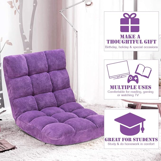 KOMFOTT 14-Position Adjustable Padded Gaming Sofa Chair with Back Support - Folding Lazy Lounge Meditation Reading Living Room and Video Gaming Chair in Purple