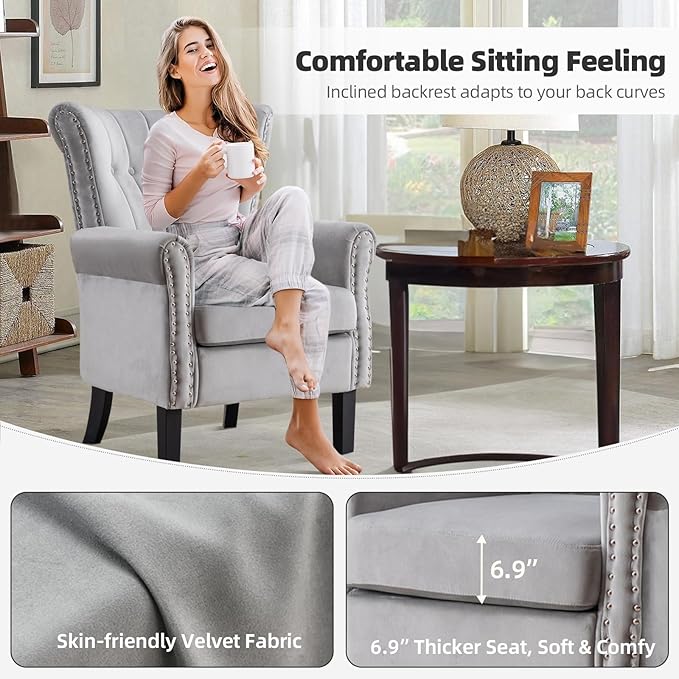 Velvet Accent Chair with Arms Modern Wingback Tufted Armchair Soft Cushioned Club Chair with Solid Wood Legs for Living Room Bedroom Home Office Light Grey