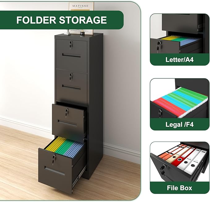 4 Drawer Metal Vertical File Cabinet with Locking Drawers for Home OfficeUnder Desk Storage Small Filing Cabinet OrganizerLetter/Legal/A4/F4 SizeAssemble RequiredBlack-4Drawer-C