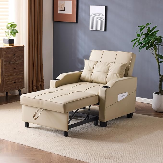 VINGLI Sofa Bed Chair Recliner 3-in-1 Convertible Sleeper Sofa Chair Bed Beige Daybed Pull Out Couch Bed with Adjustable Backrest USB Ports Cup Holders for Small Spaces Living Room