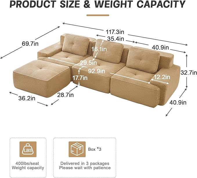 117'' Boneless Couch Modular Sectional Sofa Modern L Shaped Sectional Couches for Living Room with Deep Seat and Ottoman Comfy Corduroy Cloud Couch Oversized 3-Seater Sleeper Sofa Camel