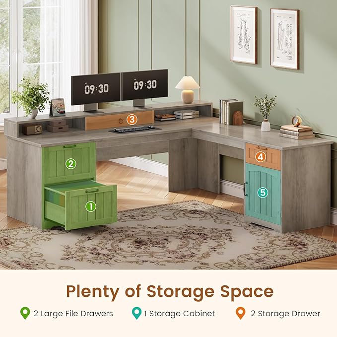 SEDETA 63 L Shaped Desk with Drawers Farmhouse Corner Computer Desk Wood Office Desk with File Drawers with Storage Executive Desk with Monitor Stand and Storage Cabinet Grey