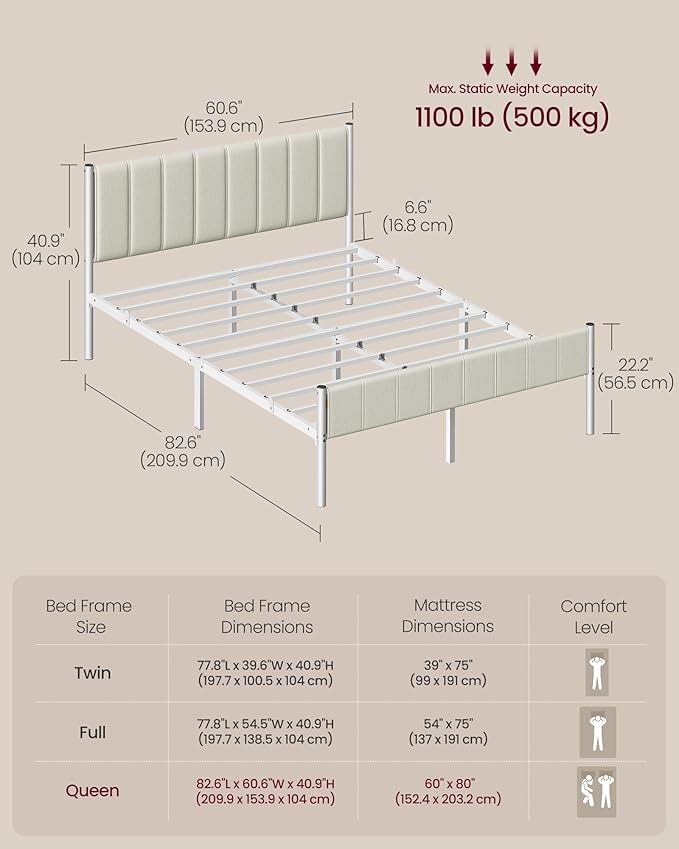 VASAGLE Queen Bed Frame with Upholstered Headboard Metal Bed Frame Queen Size with Footboard 1100 lb Weight Capacity Steel Slats Easy Assembly No Box Spring Needed Cappuccino Beige URMB981W01V1