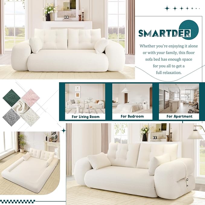 Convertible Sofa Bed with Folding Mattress Oversized Human Dog Bed 3-in-1 Sleeper Couch with Pillows and Thick Armrests 78.7 King Size Floor Sofa for Living Room Bedroom Guest Room White Teddy