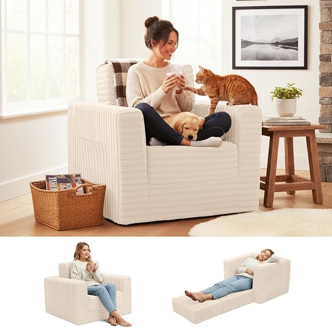 Welnow Folding Sofa Bed with Ottoman Convertible 2-in-1 Boneless Couch Futon Lounge Chair Bed for Adults Comfy Fold Out Sleeper Sofa for Small Spaces Living Room Bedroom or Dorm Beige