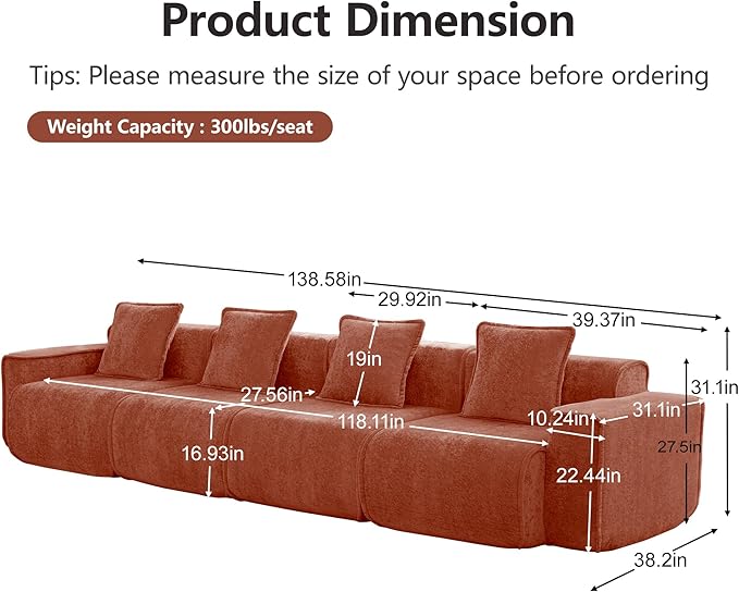 KEIKI 4Seat Modular Boneless Velvet Sofa Couch for Living Room Bedroom Studio Style Conscious Homeowners Luxurious Elegant Sophisticated Refined Design Stylish Design Red