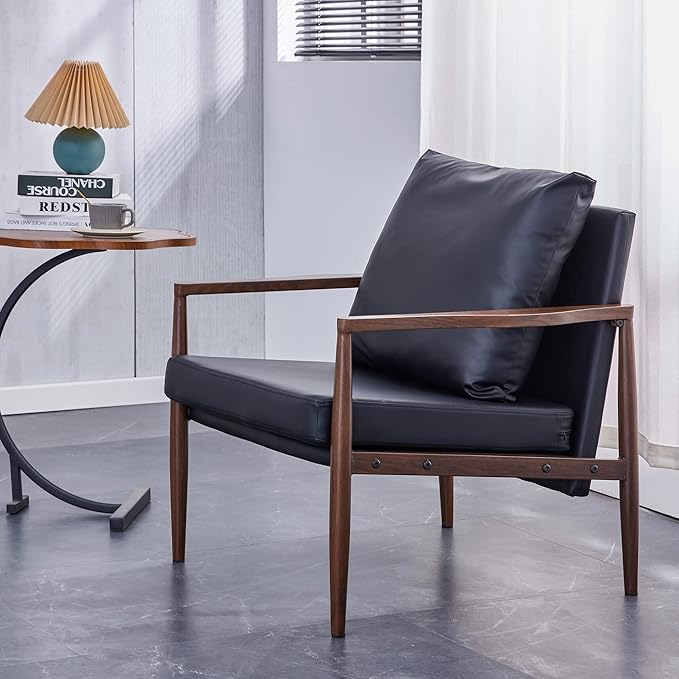 Sofa Chair.Black PU Leather Accent Arm Chair Mid Century Modern Upholstered Armchair with Imitation Solid Wood Color Metal Frame Padded Backrest and Seat Cushion Sofa Chairs for Living Room