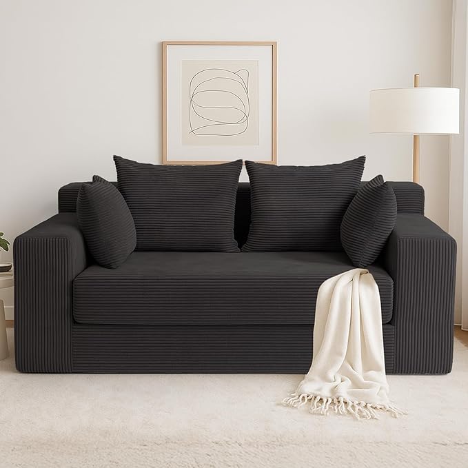 Convertible Sofa Bed Boneless Loveseat Folding Couch Bed Foldable - 3 in 1 Small Ccouch &amp Futon Sofa Sleeper Corduroy Pull Out Couch with 4 Pillows for Living Room Black
