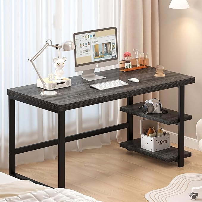 FOLUBAN 47 Inch Computer Desk with Storage Shelves Modern Home Office Desk Small Study Writing Desk Gaming Table Workstation for Bedroom Living Room Industrial Dark Gray