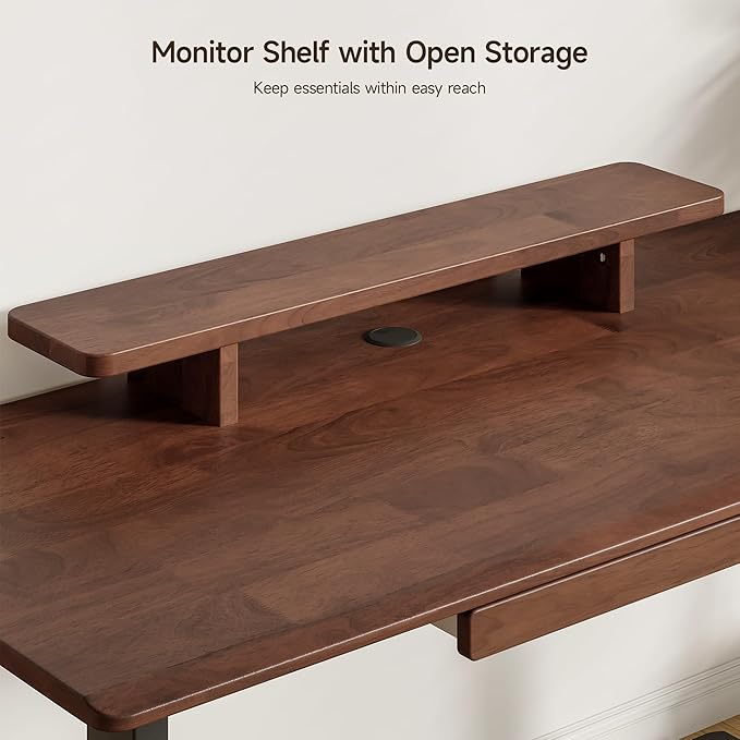 ONBRILL Standing Desk with Drawer 55x23.6 Inches Solid Wood Desktop Stand Up Desk with Whole-Piece Board and Storage Shelf Adjustable Height from 28-46 Inches for Home &amp Office Black Walnut